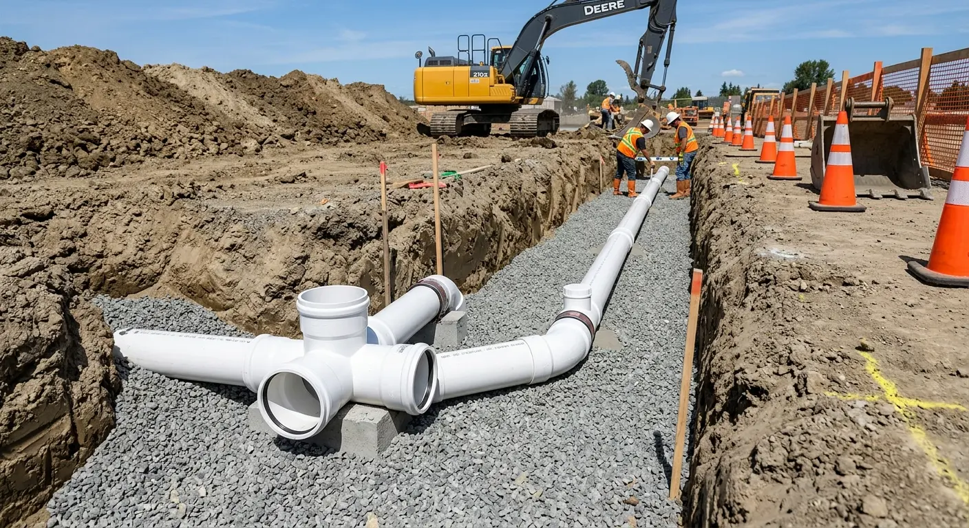 New PVC sewer pipe installation in open trench for Commercial Drain Cleaning in Centerville